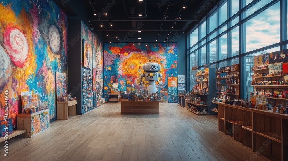 A brightly colored, modern art gallery with a large robot sculpture in the center. The walls are adorned with colorful murals and paintings. A brightly colored, modern art gallery with a large robot sculpture in the center. The walls are adorned with colorful murals and paintings.