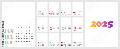 Monthly calendar template 2025 in a minimalist style with trendy gradient, week starts on Sunday