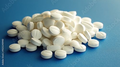 Heap of pills on blue background 