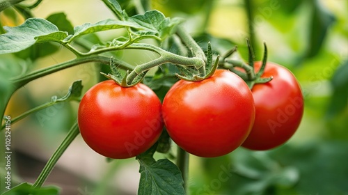 Ripe tomatoes hanging from tomato bushes. Vegetarian, vegan or raw food. Vegetables ripening in the vegetable garden. Illustration for cover, brochure, advertising, marketing or presentation.