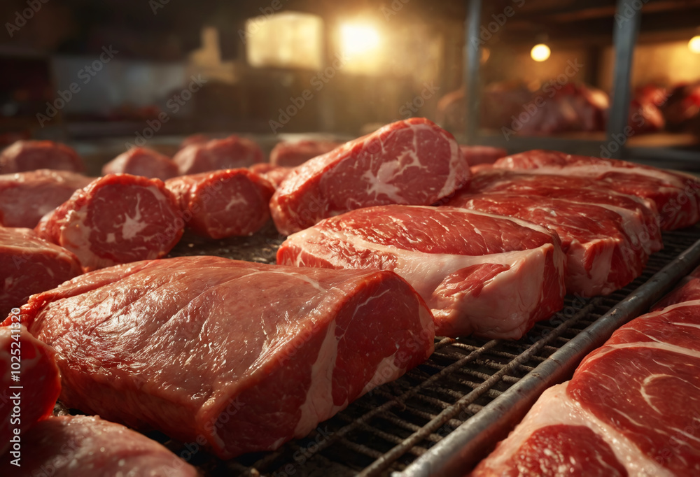 Beef meat on the conveyor. Generative AI Beef meat on the conveyor. Generative AI
