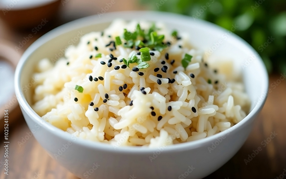 Fluffy White Rice with Mustard Seeds and Herbs on wood background Fluffy White Rice with Mustard Seeds and Herbs on wood background
