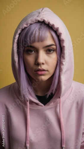 Person with purple hair in pink hoodie looking directly at the camera, neutral tone