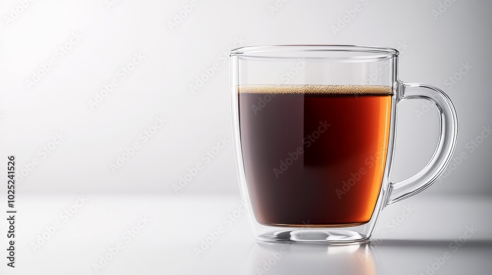A clear glass mug filled with coffee, set against a white background A clear glass mug filled with coffee, set against a white background