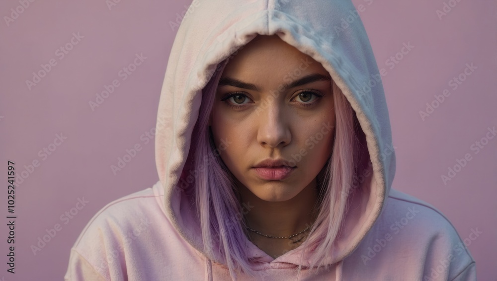 Young adult in pink hoodie with neutral expression against plain grey background Young adult in pink hoodie with neutral expression against plain grey background