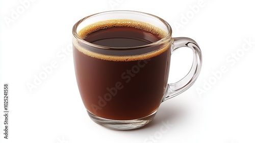A clear glass mug filled with coffee, set against a white background