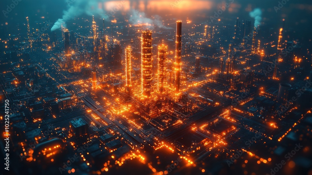 An aerial view of a futuristic industrial city at night, with glowing lights and smoke rising from the factories. An aerial view of a futuristic industrial city at night, with glowing lights and smoke rising from the factories.