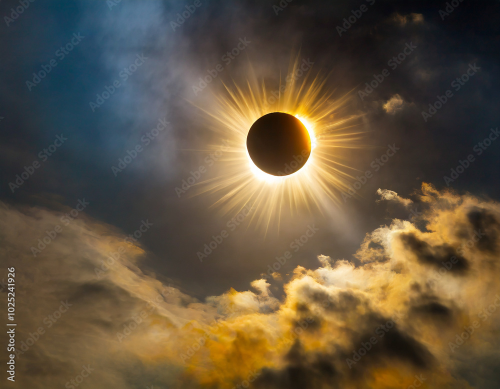 Fototapeta premium Stunning total solar eclipse illuminating the sky with sun rays and dark clouds at midday