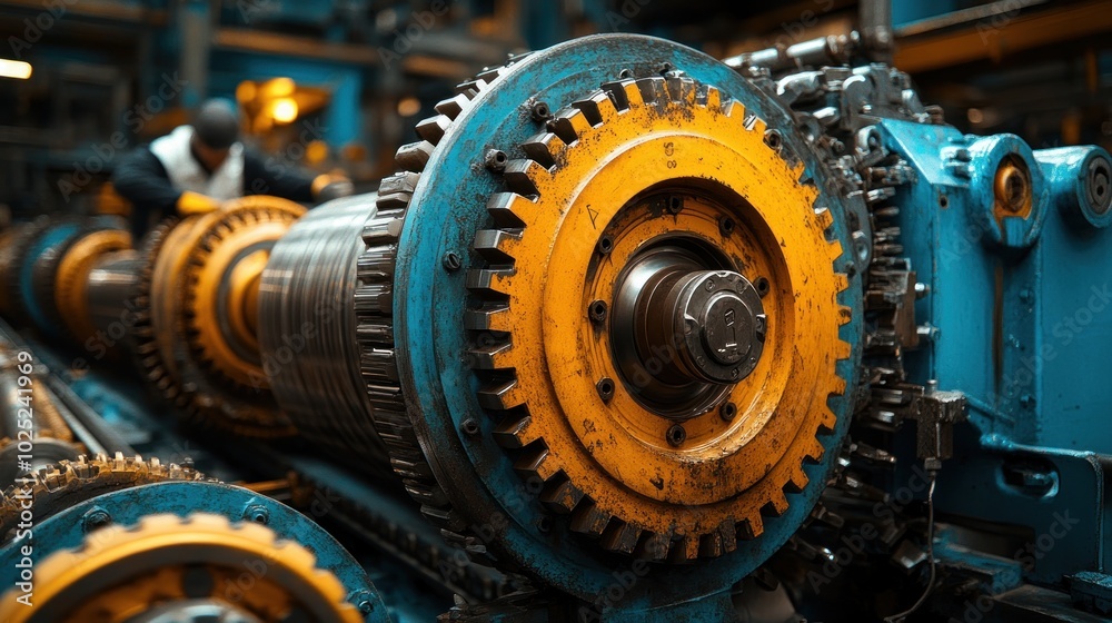 Close-up of a large gear system in an industrial setting, with a worker in the background. Close-up of a large gear system in an industrial setting, with a worker in the background.