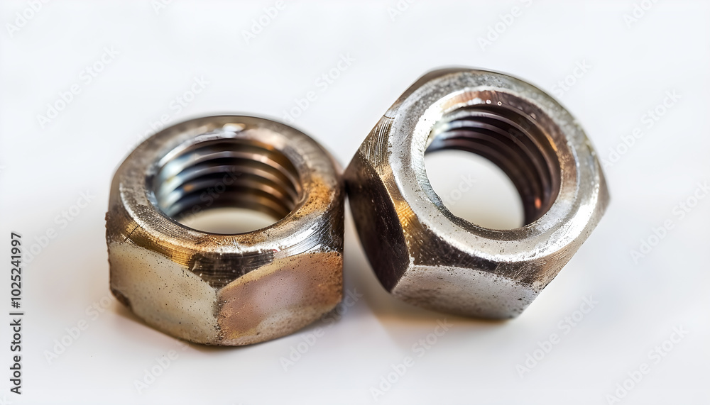 Two metal nyloc nuts on white background Two metal nyloc nuts on white background