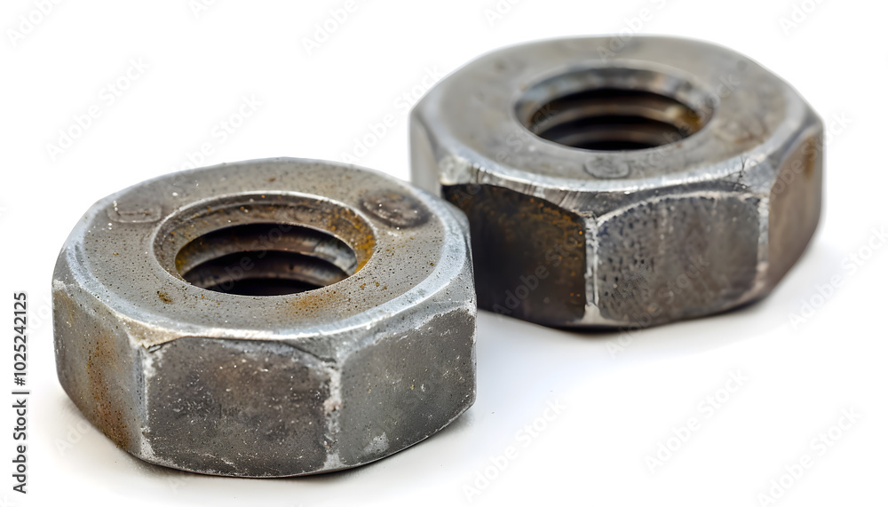 Two metal nyloc nuts on white background Two metal nyloc nuts on white background