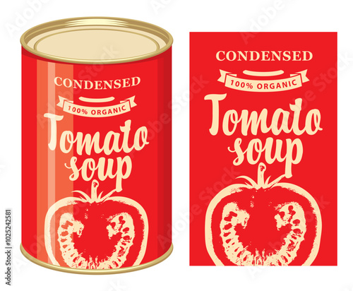 Vector banner for condensed tomato soup. Illustration of a label with a ripe half realistic red tomato and a tin can with this label. Canned food during quarantine, long-term storage product