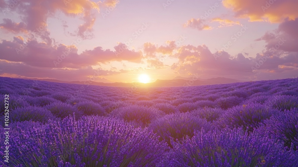A field of lavender flowers bathed in sunset light with the sun positioned directly above and clouds scattered across the sky A field of lavender flowers bathed in sunset light with the sun positioned directly above and clouds scattered across the sky