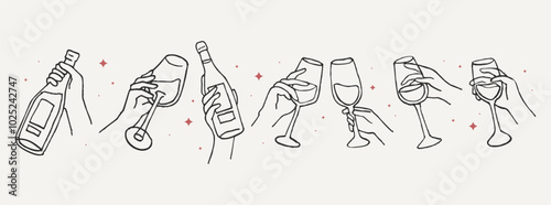 Hand drawn chalk wine illustrations. Hands with wine glass. Collection of whimsical doodle line art. Clipart vintage ink elements for menu, posters. 