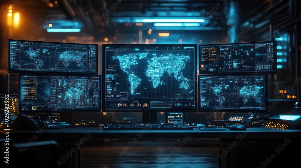 A futuristic, high-tech control room with multiple monitors displaying a world map with glowing data points. A futuristic, high-tech control room with multiple monitors displaying a world map with glowing data points.