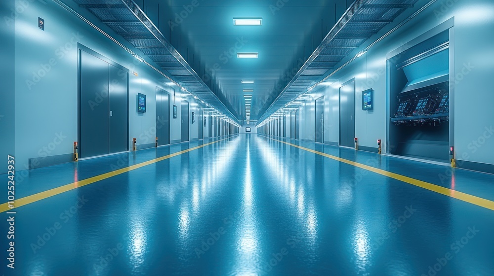 Fototapeta premium A long, narrow, futuristic corridor with doors on either side, lit by fluorescent lights, with a reflective floor.