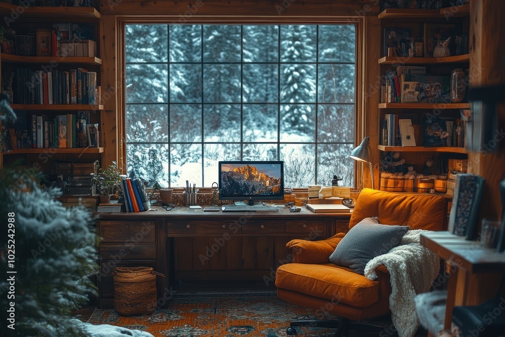Cozy home office with a view of a snowy forest, a computer, a comfortable armchair and bookshelves. Cozy home office with a view of a snowy forest, a computer, a comfortable armchair and bookshelves.