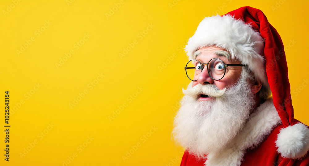 Naklejka premium This image features a surprised Santa Claus with wide eyes, wearing his classic red suit and hat, against a vibrant yellow background.