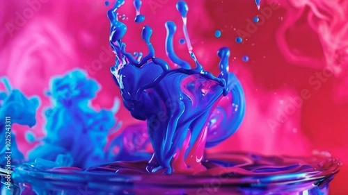 Ink color blend. Paint water drop. Transition reveal effect. Neon pink blue fluid splash on vibrant purple fume texture creative abstract background shot on Red Cinema camera 6k