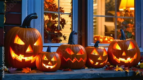 Jack-o-lanterns pumpkins flashing colors from the inside of different sizes lie on the windowsill decorating the threshold of the house for Halloween.