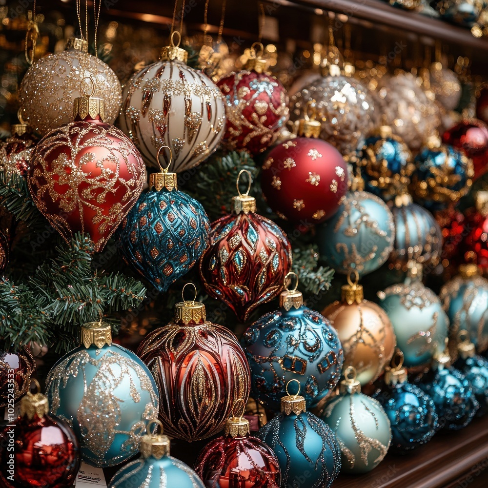 A close-up view of a shelf with colorful, ornate Christmas ornaments. A close-up view of a shelf with colorful, ornate Christmas ornaments.
