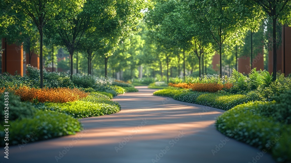 Fototapeta premium A winding pathway through a lush, green park on a sunny day.