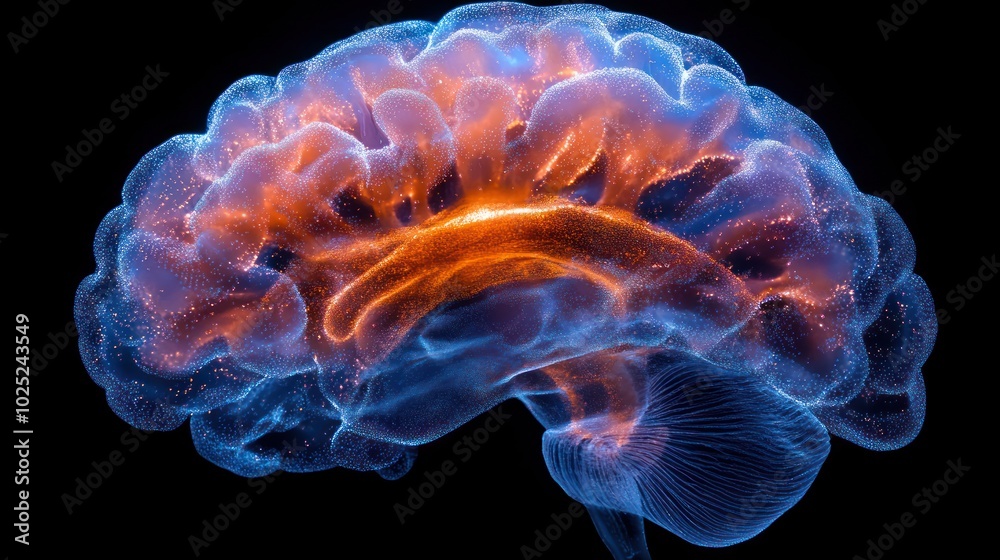 A digital rendering of a human brain, with a glowing section representing active neural pathways. A digital rendering of a human brain, with a glowing section representing active neural pathways.