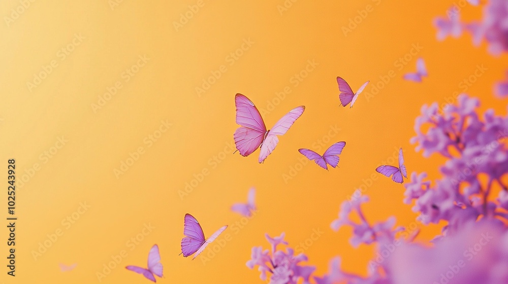 Pink butterflies fluttering above yellow-purple flowers Pink butterflies fluttering above yellow-purple flowers