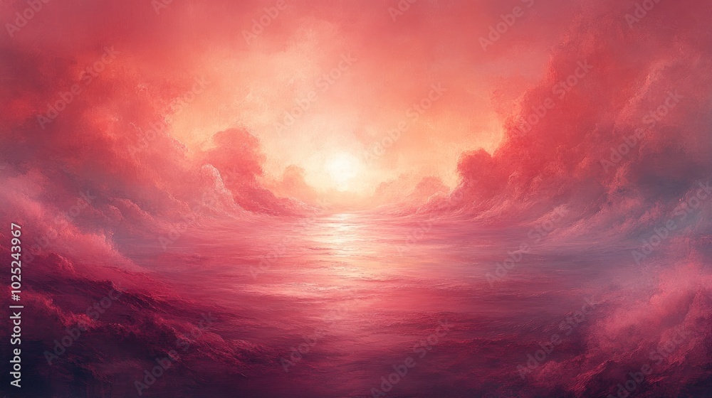 A surreal sunset with a glowing red sun above an ocean of clouds. A surreal sunset with a glowing red sun above an ocean of clouds.