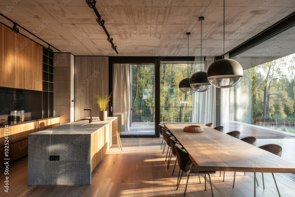 Naklejka premium A modern kitchen with a large window overlooking a forest,generative ai image