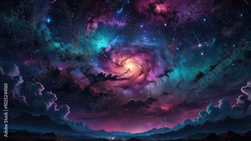 Starry night with colorful nebula clouds in cosmic scene, vibrant artistic space view