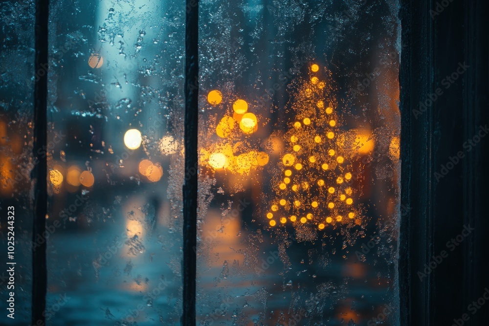 A blurry view of a Christmas tree with lights through a frosted window pane. A blurry view of a Christmas tree with lights through a frosted window pane.