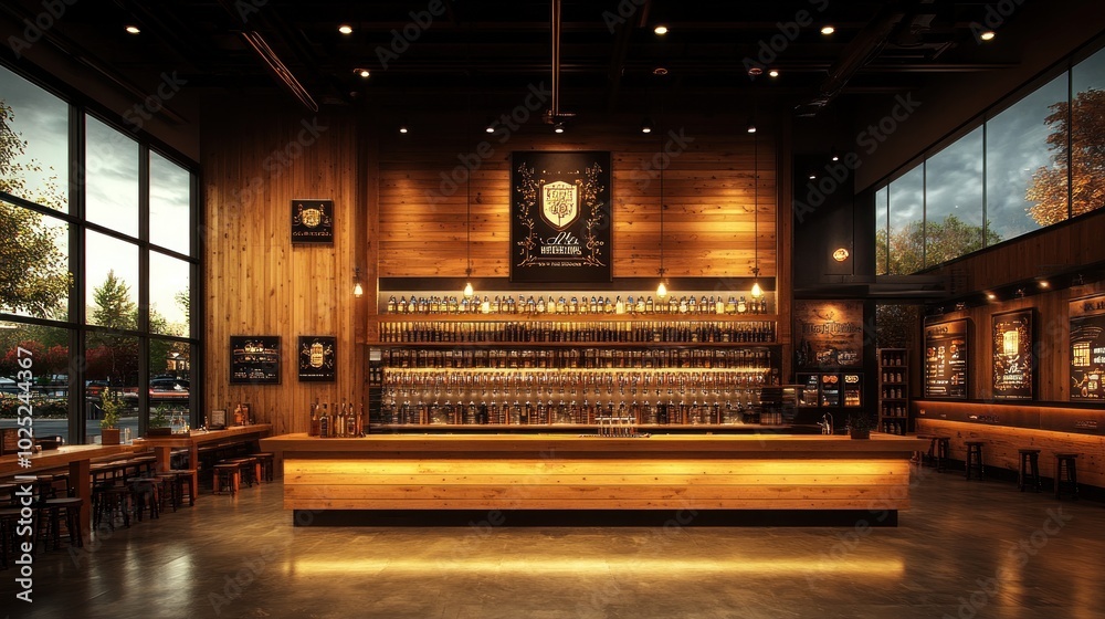 A modern bar with a wooden counter, shelves of bottles, and large windows overlooking a parking lot. A modern bar with a wooden counter, shelves of bottles, and large windows overlooking a parking lot.