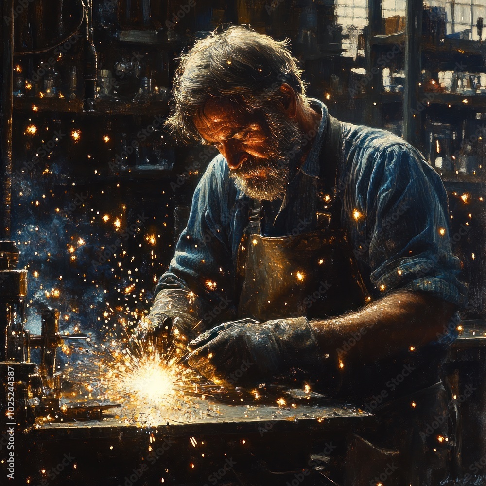 A bearded man in a workshop is welding metal, sparks are flying in the air. A bearded man in a workshop is welding metal, sparks are flying in the air.