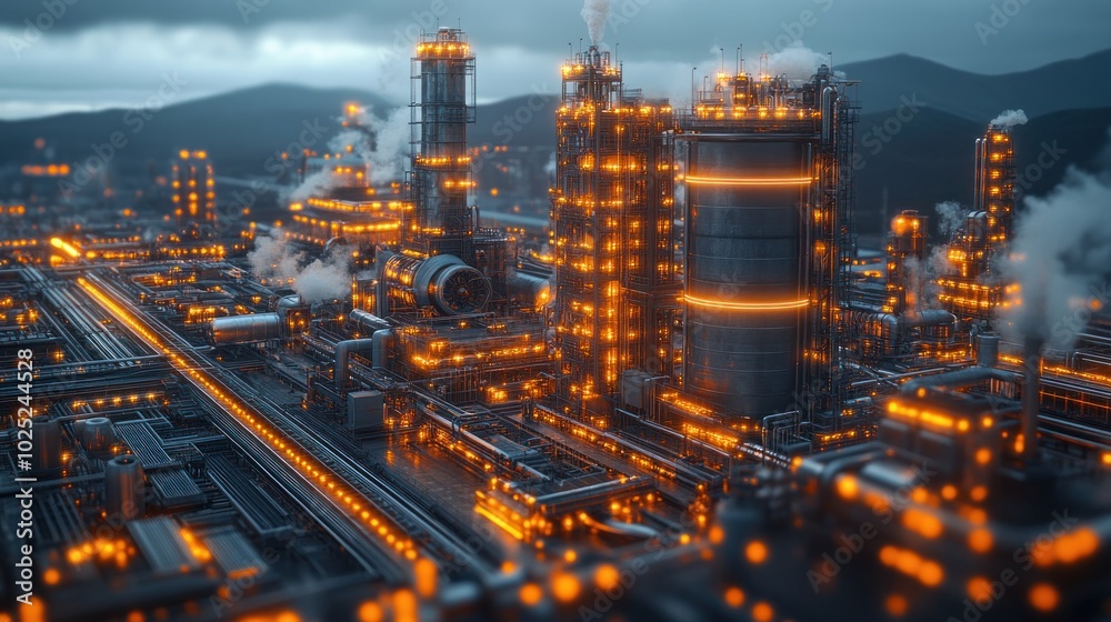 A large industrial complex with smokestacks and glowing lights at night, set against a backdrop of mountains. A large industrial complex with smokestacks and glowing lights at night, set against a backdrop of mountains.