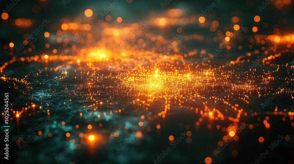 Abstract digital network with glowing particles and lines representing data flow and connections. Abstract digital network with glowing particles and lines representing data flow and connections.