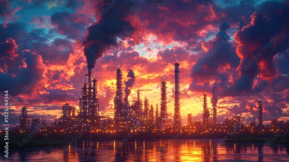 A large industrial complex with smoke stacks spewing pollution into a vibrant sunset sky.