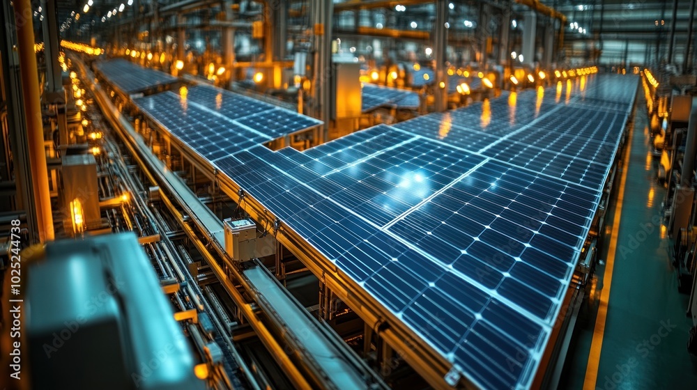 Solar panels are being manufactured on a conveyor belt in a factory. Solar panels are being manufactured on a conveyor belt in a factory.