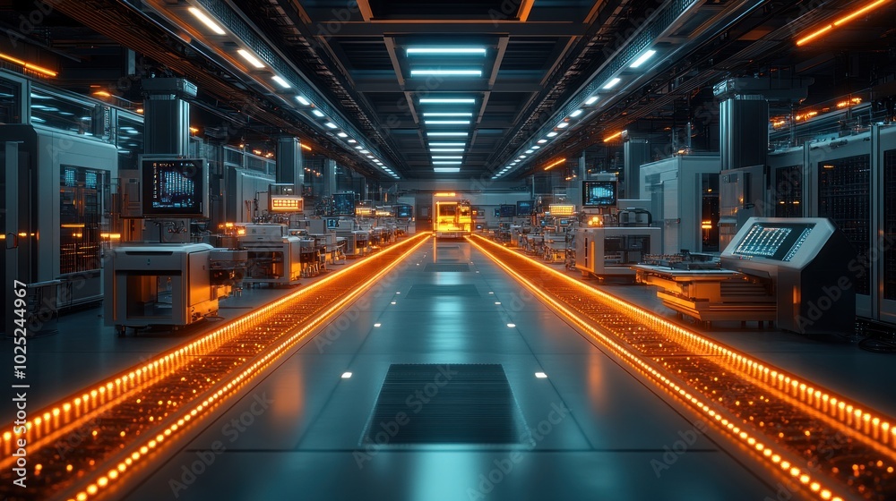 A futuristic factory interior with rows of machinery and orange glowing lights. A futuristic factory interior with rows of machinery and orange glowing lights.