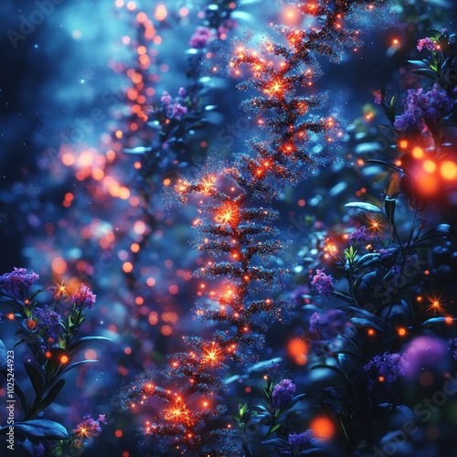 A glowing plant with pink flowers surrounded by sparkling blue and orange lights in a dark background.