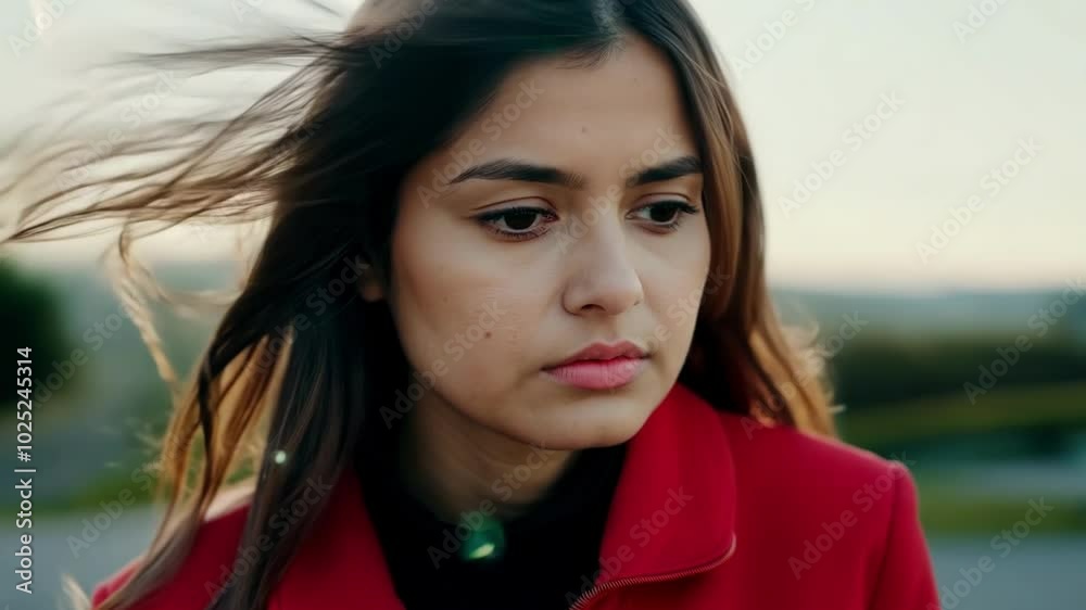 A young woman in a red coat stands outdoors, holding a camera and preparing to take a photo, her expression serious and focused in the calm natural setting. A young woman in a red coat stands outdoors, holding a camera and preparing to take a photo, her expression serious and focused in the calm natural setting.