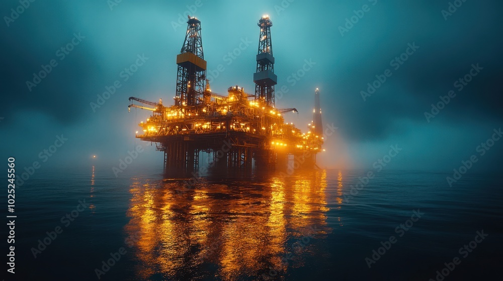 An offshore oil rig stands illuminated in a misty sea, its lights reflecting in the water, a symbol of energy production and environmental impact. An offshore oil rig stands illuminated in a misty sea, its lights reflecting in the water, a symbol of energy production and environmental impact.