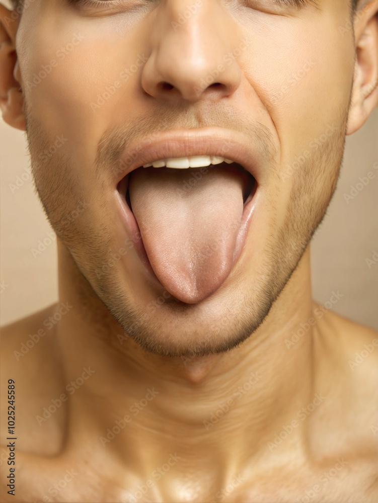 Fototapeta premium Man showing his tongue in close-up, highlighting a playful expression in a neutral setting during the daytime. Generative AI