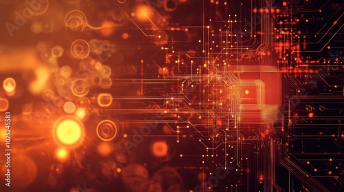 Orange cybernetic circuit board with glowing data nodes