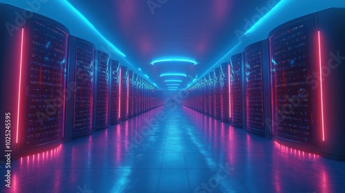 A long hallway lined with rows of server racks illuminated by vibrant pink and blue neon lights.