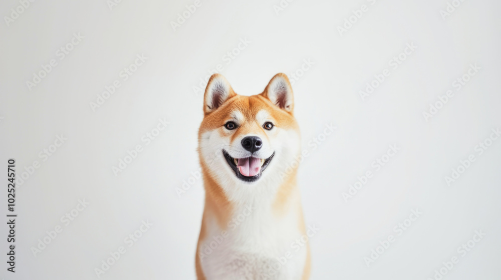 Happy Akita Inu looking directly at the camera in a bright studio with professional lighting and ample copy space Happy Akita Inu looking directly at the camera in a bright studio with professional lighting and ample copy space