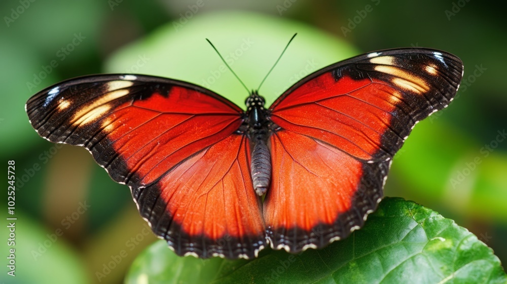 Red and black butterfly with open wings on a leaf Red and black butterfly with open wings on a leaf
