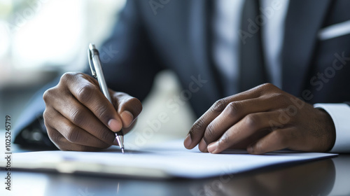 Businessperson diligently taking notes in a professional setting during a meeting