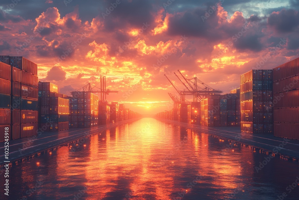 Fototapeta premium A dramatic sunset over a shipping channel lined with cargo containers.