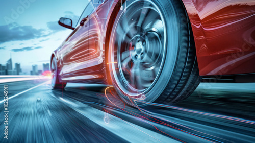 The dynamic action of a car's ABS system engaging during rapid deceleration on a city street